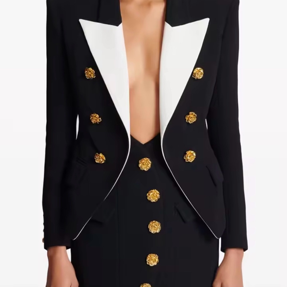 Black Blazer with White Lapels and Gold Buttons & skirt set size small